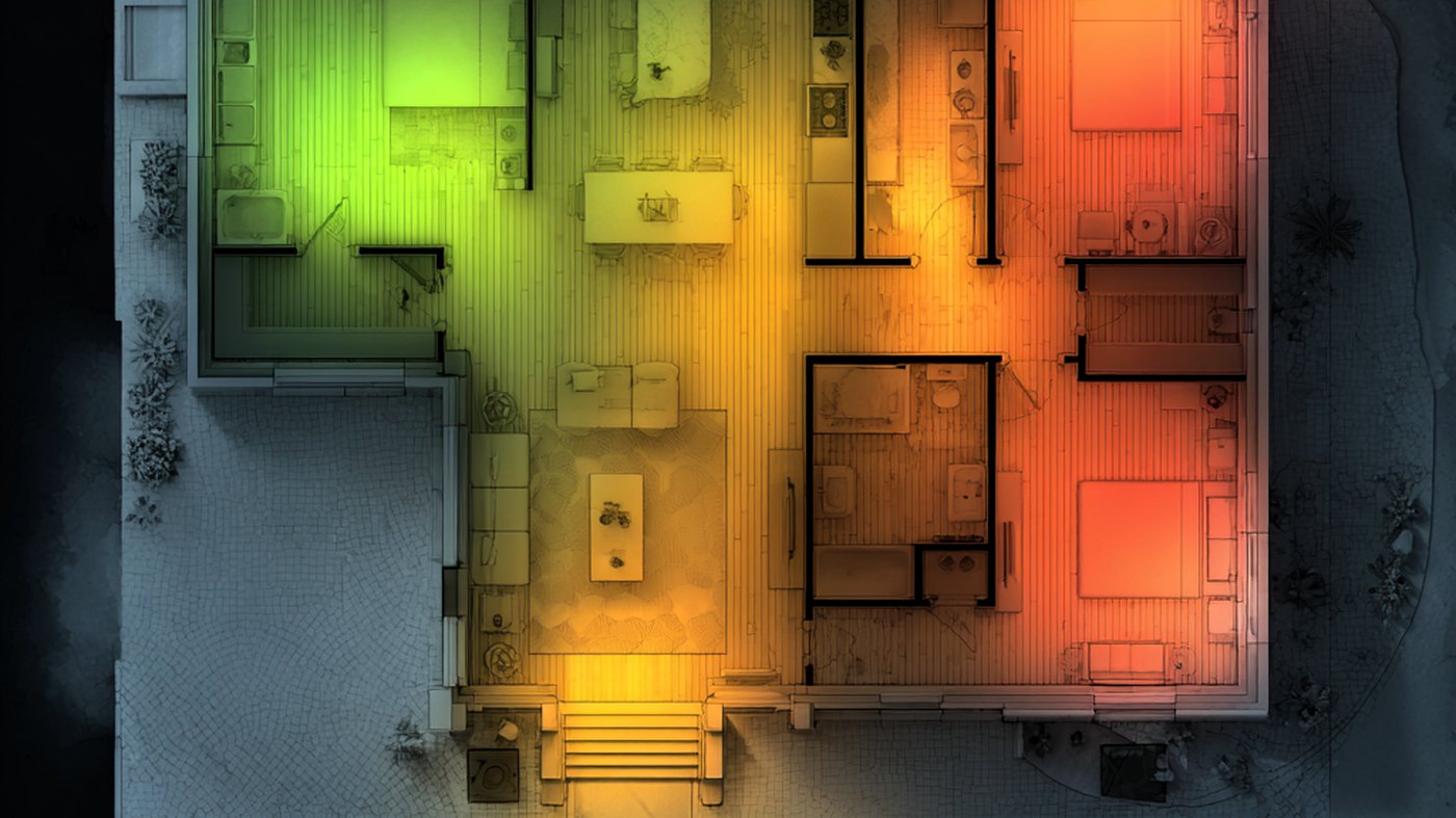 Top-down heat map of a home showing strong WiFi signal in green on the left side fading through yellow and orange to red dead zones on the right